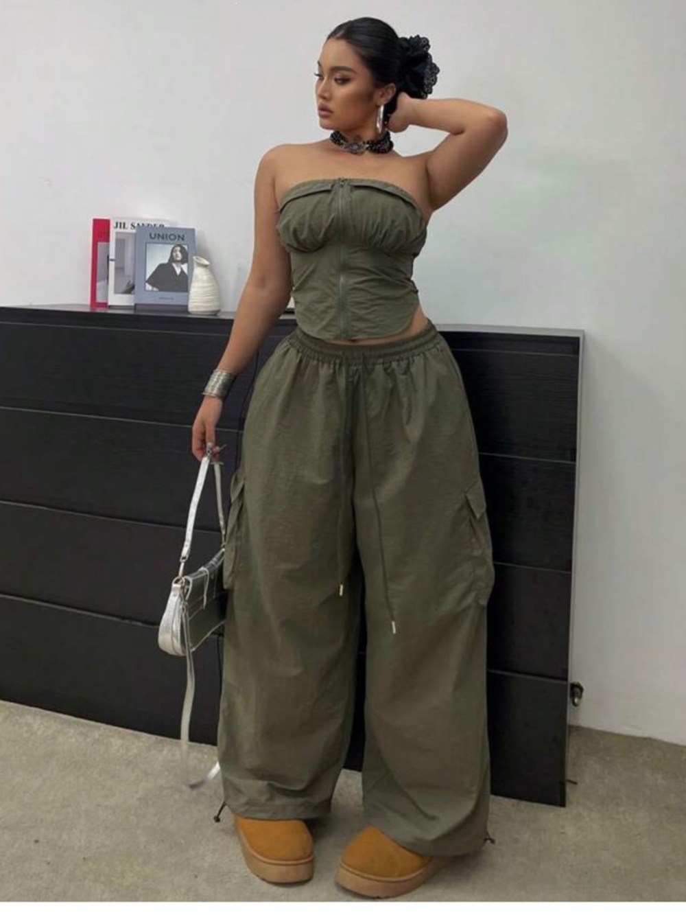 SHEIN Olive Green Wide-Leg Cargo Pants
